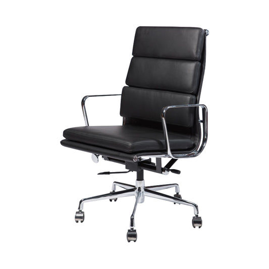 Soft pad chair aluminium style | Black Leather | Front 